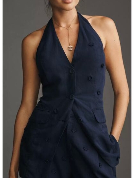 Anthropologie Tops - anthropologie maeve linen halter button front flower vest - Navy